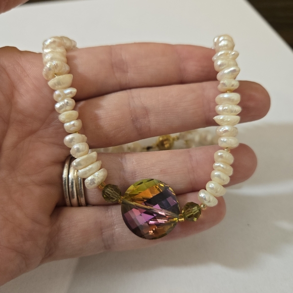 Vintage freshwater pearl Necklace Baroque Pearl Iridescent cut crystal bead boho - Picture 1 of 11